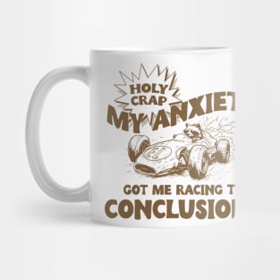 My Anxiety Got Me Racing To Conclusions Retro 90s T-Shirt, Raccoon Racing Graphic T-shirt, Funny Race T-Shirt, Vintage Animal Gag Mug